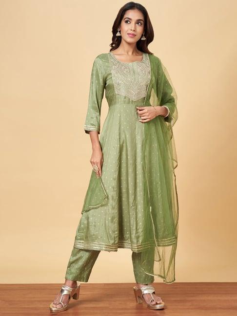 yu by pantaloons green embroidered kurta pant set with dupatta