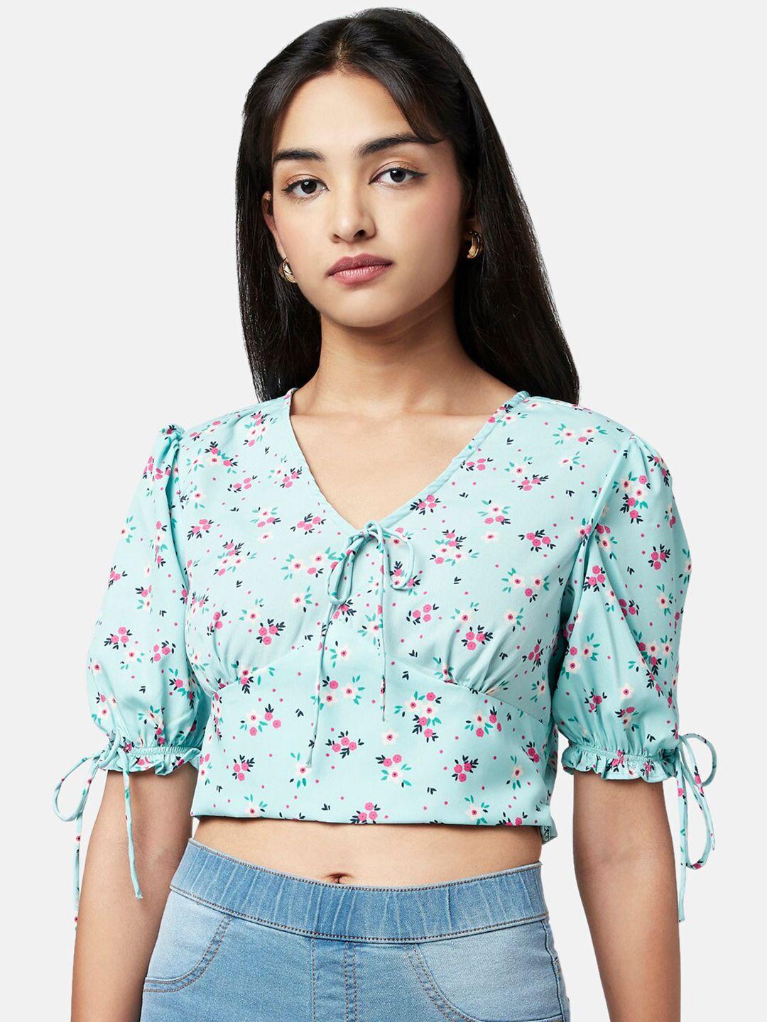 yu by pantaloons green floral print tie-up neck crop top