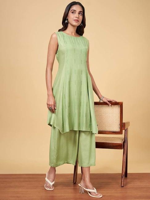 yu by pantaloons green woven pattern kurta palazzo set