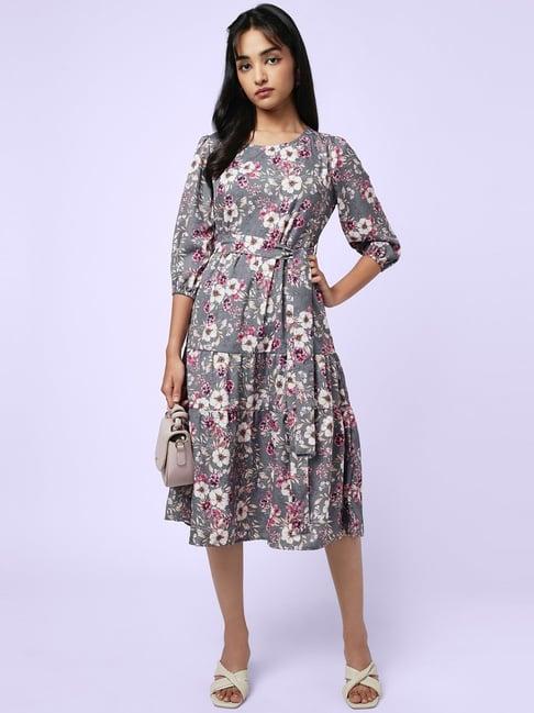 yu by pantaloons grey floral print a-line dress