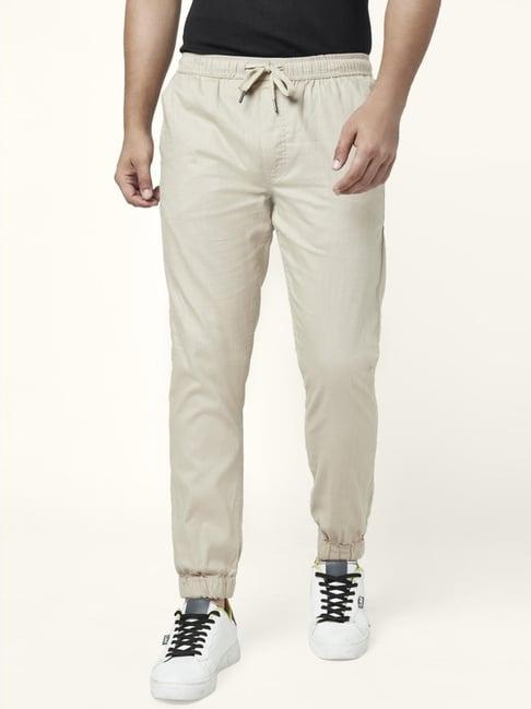 yu by pantaloons light brown cotton slim fit jogger pants