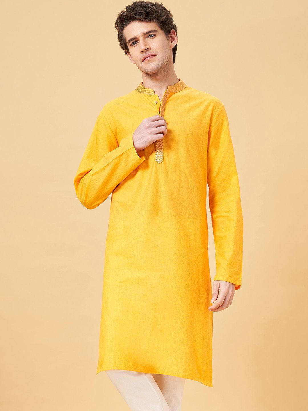 yu by pantaloons mandarin collar long sleeves thread work cotton kurta