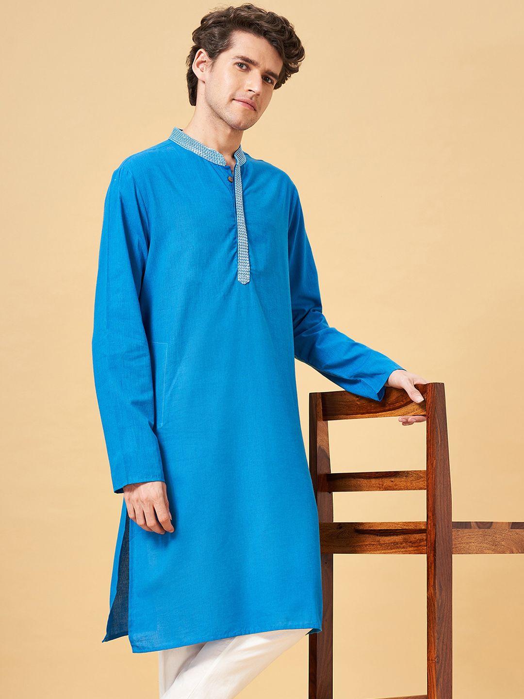 yu by pantaloons mandarin collar long sleeves thread work cotton kurta