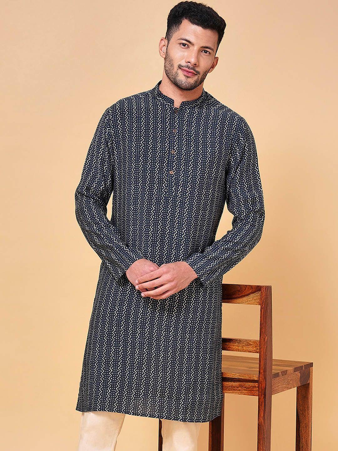 yu by pantaloons mandarin collar printed cotton kurta