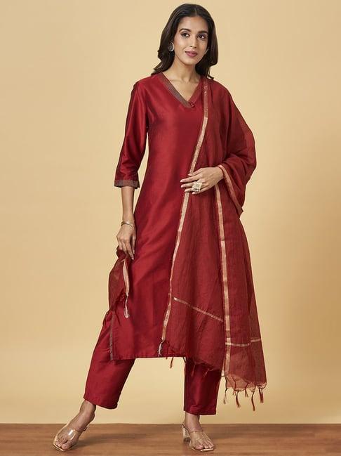 yu by pantaloons maroon kurta pant set with dupatta