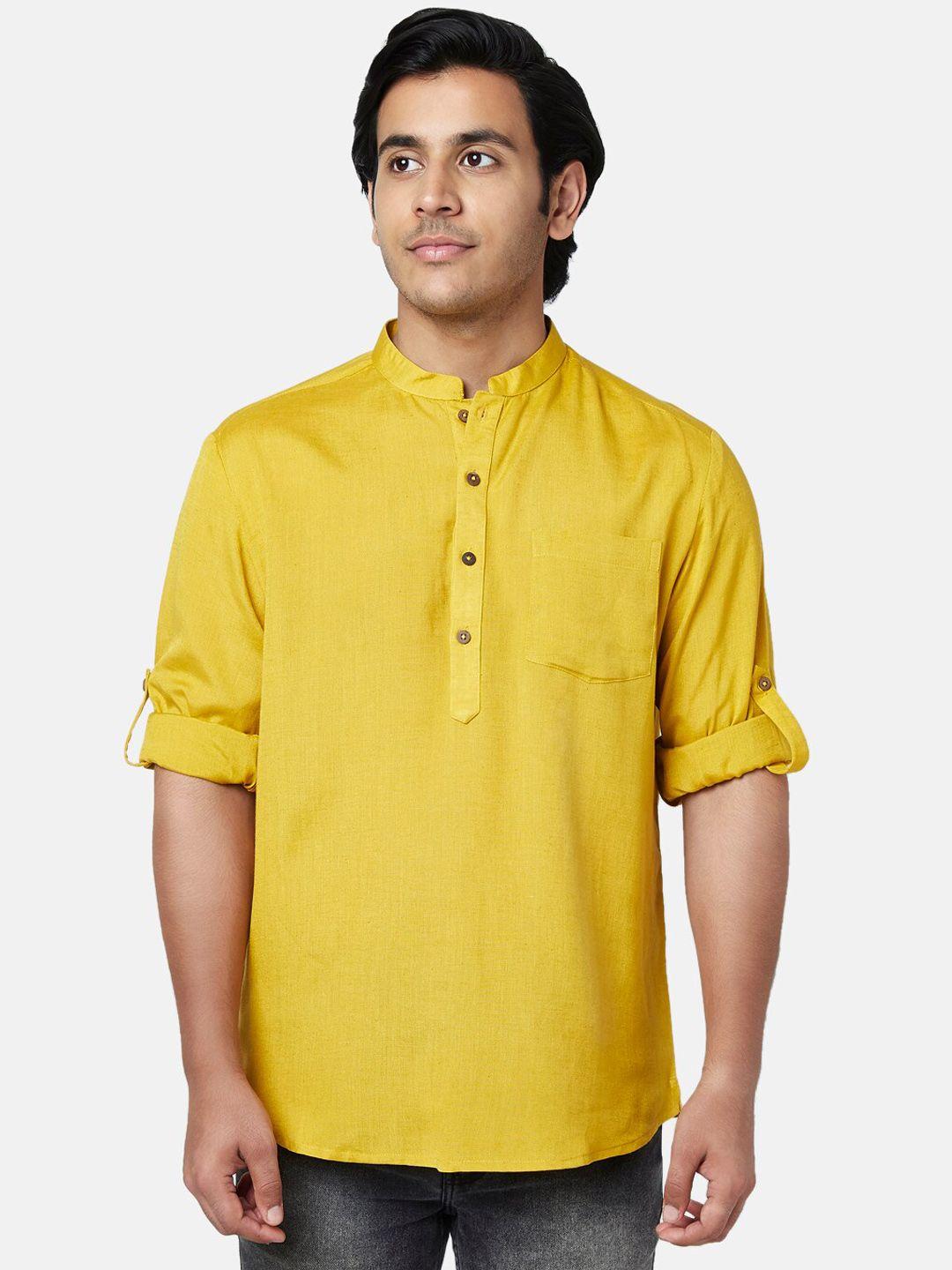 yu by pantaloons men mustard yellow mandarin collar cotton kurta