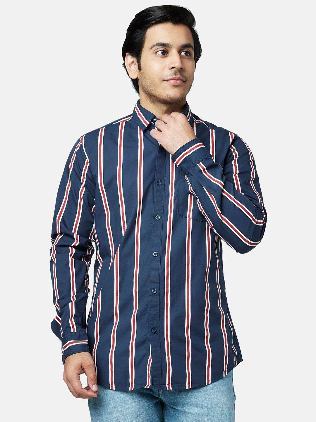 yu by pantaloons men navy blue slim fit striped cotton casual shirt