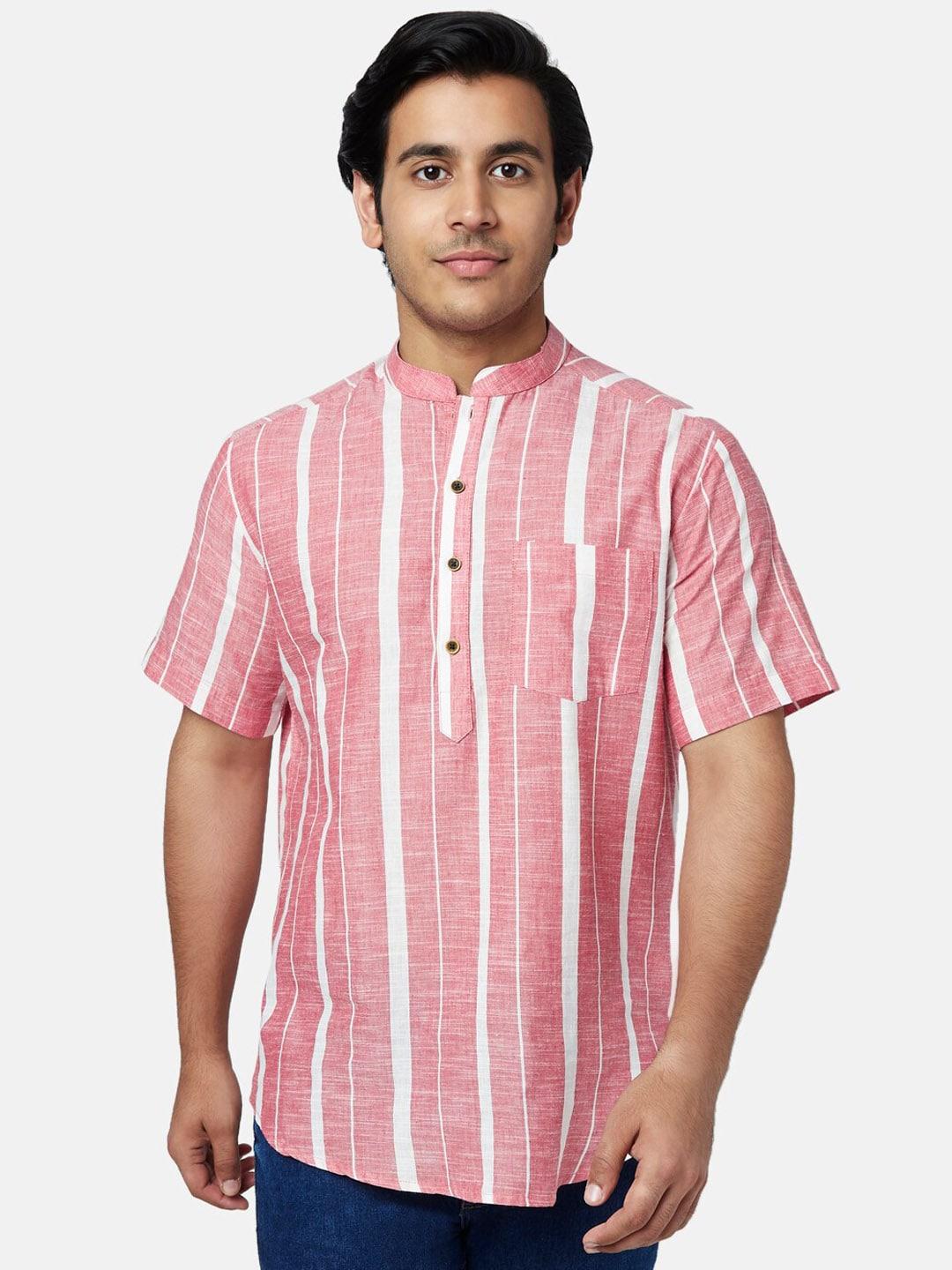 yu by pantaloons men pink & white striped cotton kurta