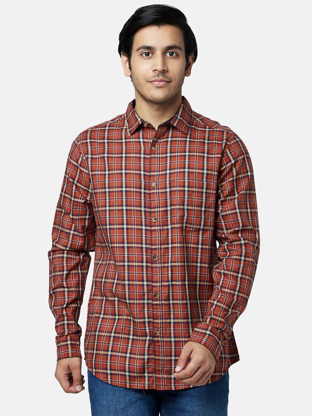 yu by pantaloons men rust cotton slim fit checked casual shirt