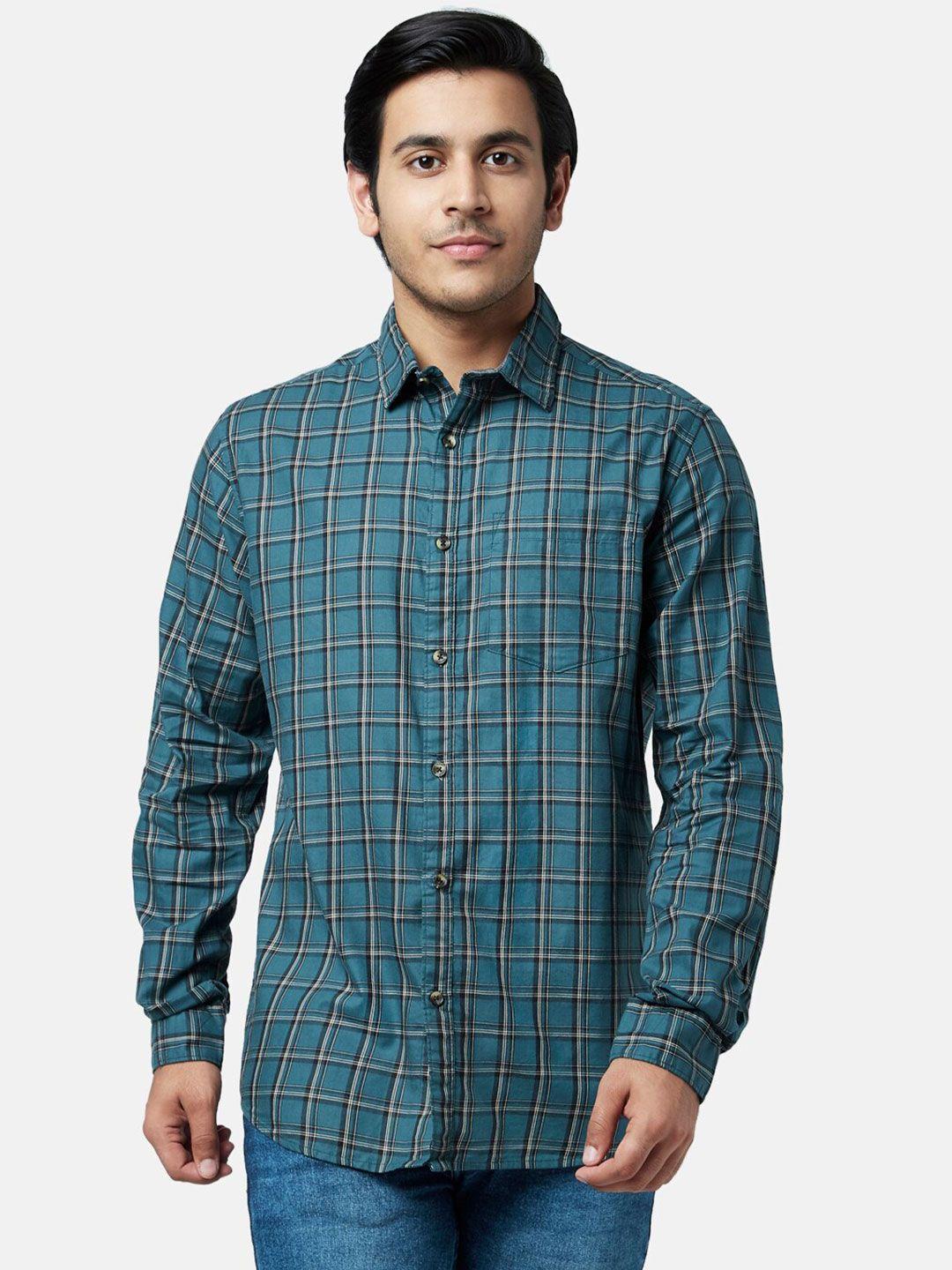 yu by pantaloons men teal blue slim fit checked cotton casual shirt