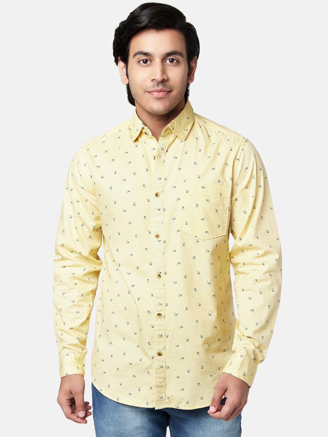 yu by pantaloons men yellow slim fit printed cotton casual shirt