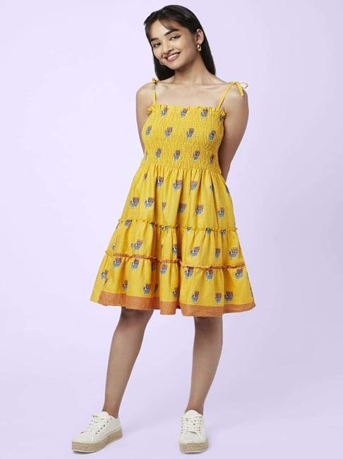 yu by pantaloons mustard cotton floral print a-line dress