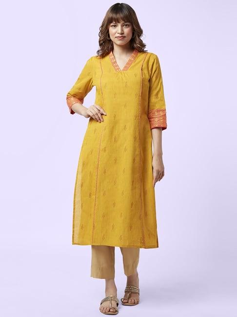 yu by pantaloons mustard cotton printed straight kurta