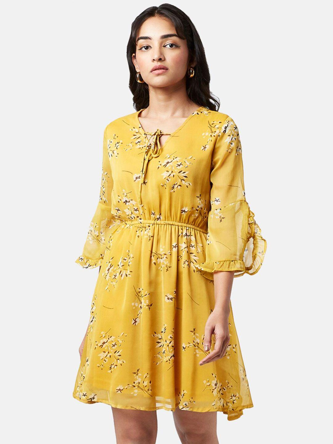 yu by pantaloons mustard yellow floral keyhole neck ethnic dress