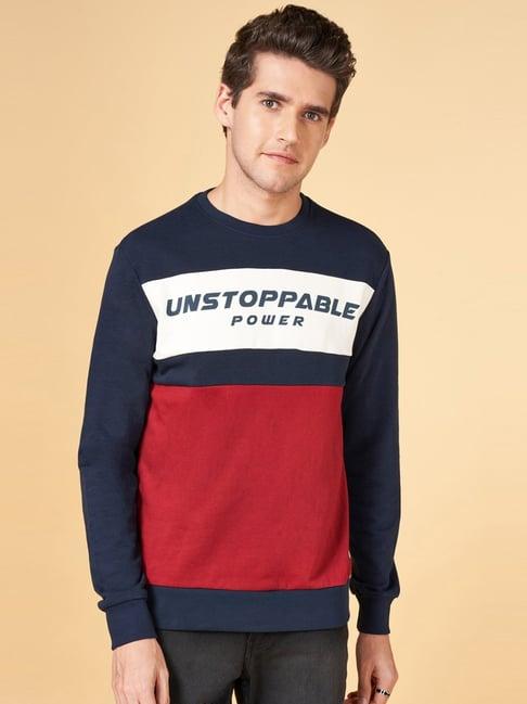 yu by pantaloons navy & maroon regular fit colour block sweatshirt