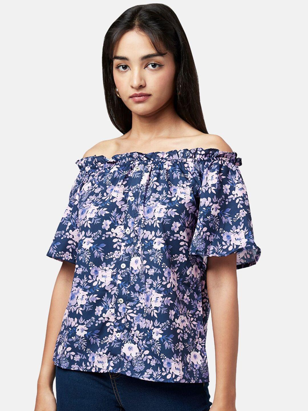 yu by pantaloons navy blue floral print off-shoulder bardot top