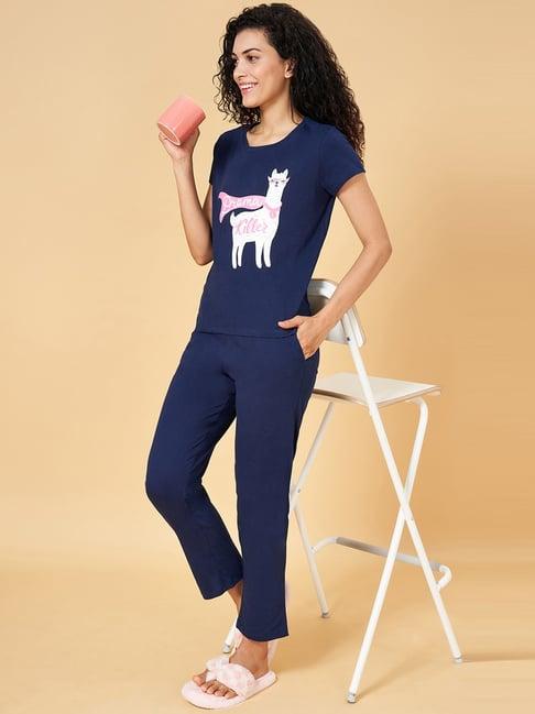 yu by pantaloons navy cotton graphic print top pyjama set