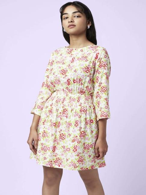 yu by pantaloons off-white cotton floral print a-line dress