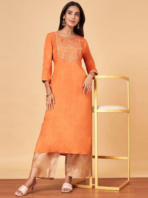 yu by pantaloons orange embroidered straight kurta