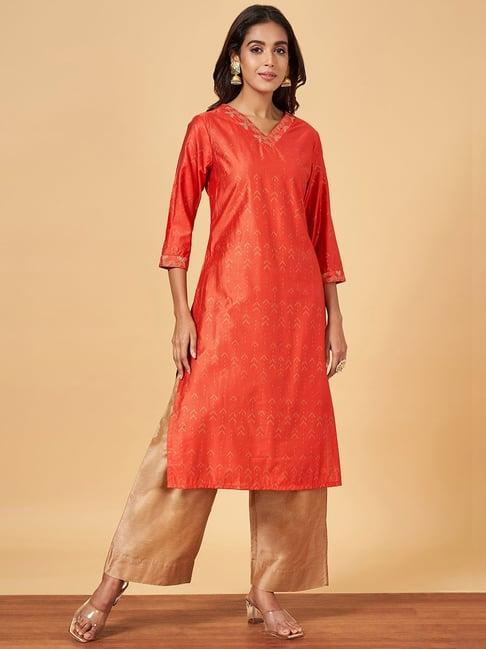 yu by pantaloons orange embroidered straight kurta