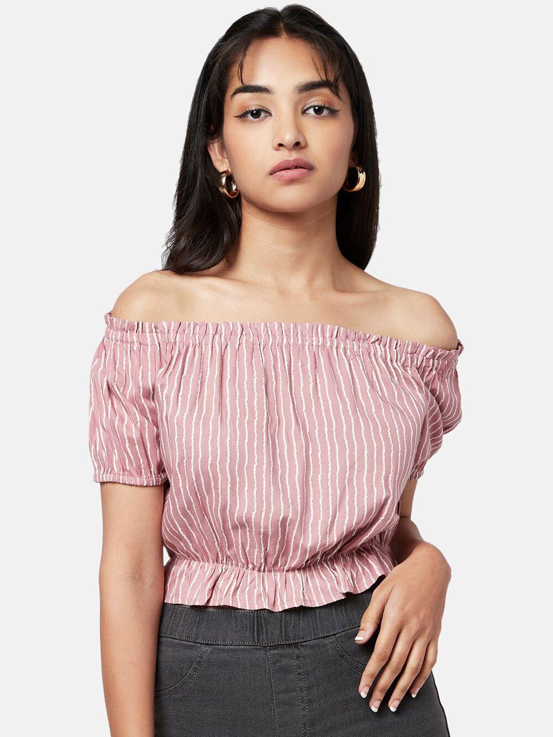 yu by pantaloons peach-coloured & white striped off-shoulder bardot crop top