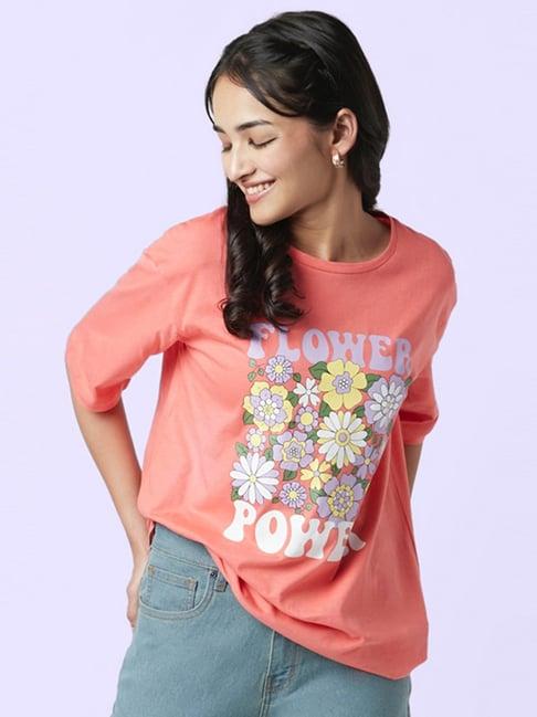 yu by pantaloons peach cotton graphic print t-shirt