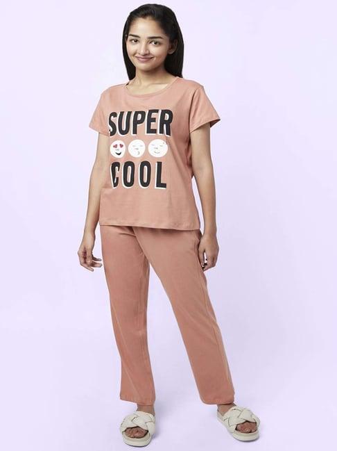 yu by pantaloons peach cotton graphic print top pyjama set