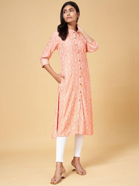 yu by pantaloons peach cotton printed a line kurta