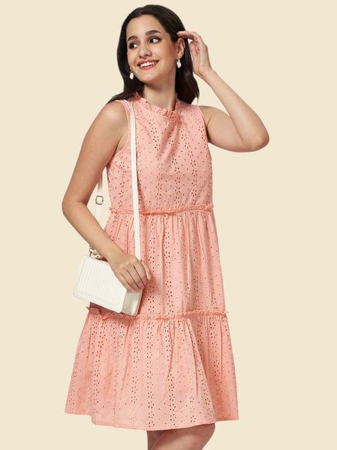 yu by pantaloons peach cotton self pattern a-line dress