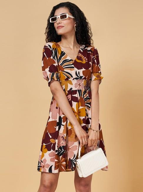 yu by pantaloons pink & brown printed a-line dress