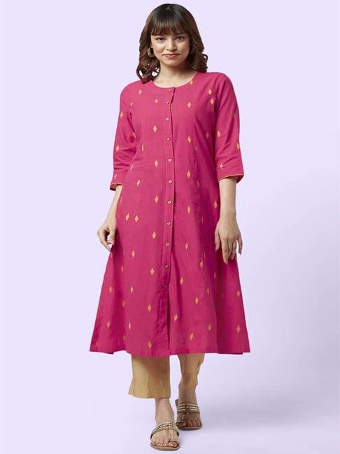 yu by pantaloons pink cotton embroidered a line kurta