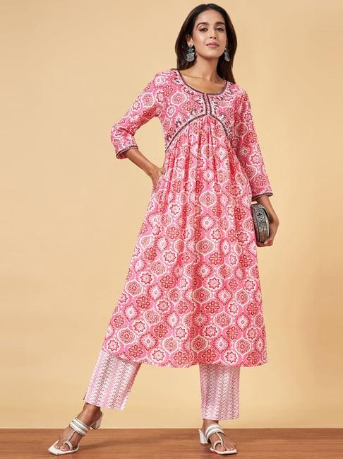 yu by pantaloons pink cotton embroidered kurta pant set