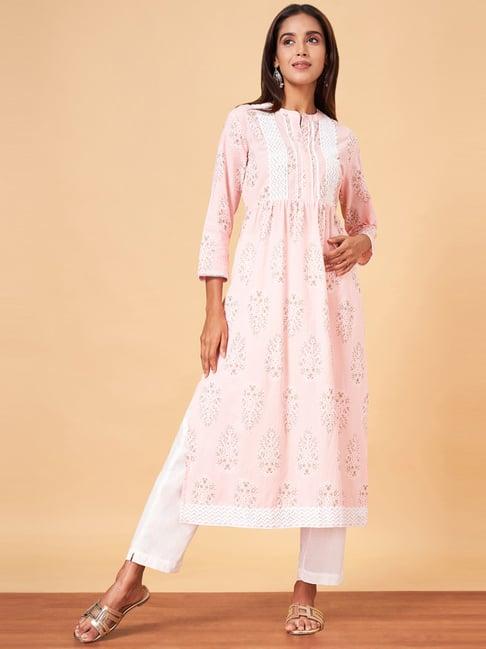 yu by pantaloons pink cotton embroidered kurta pant set