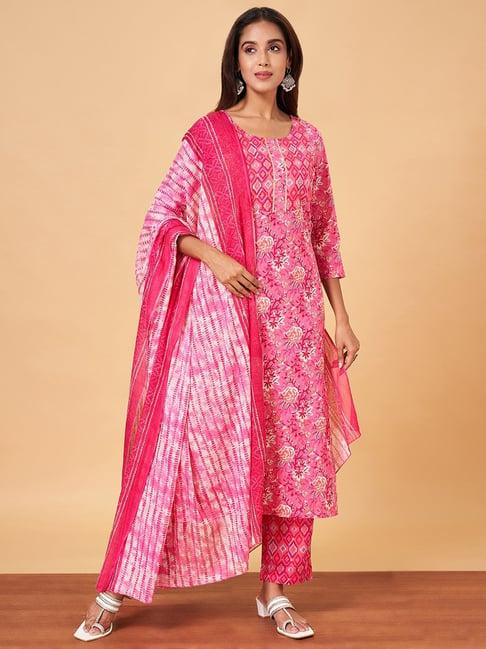 yu by pantaloons pink cotton printed kurta palazzo set with dupatta