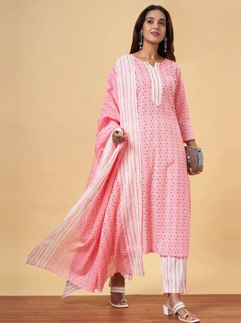 yu by pantaloons pink cotton printed kurta pant set with dupatta