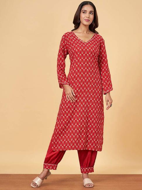yu by pantaloons red cotton floral print kurta salwar set