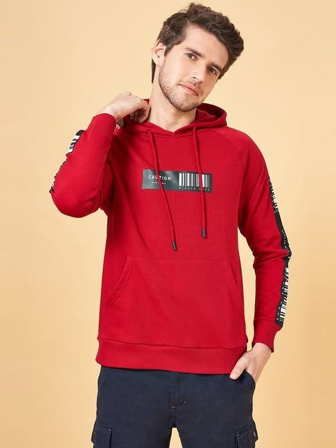 yu by pantaloons red regular fit printed hooded sweatshirt