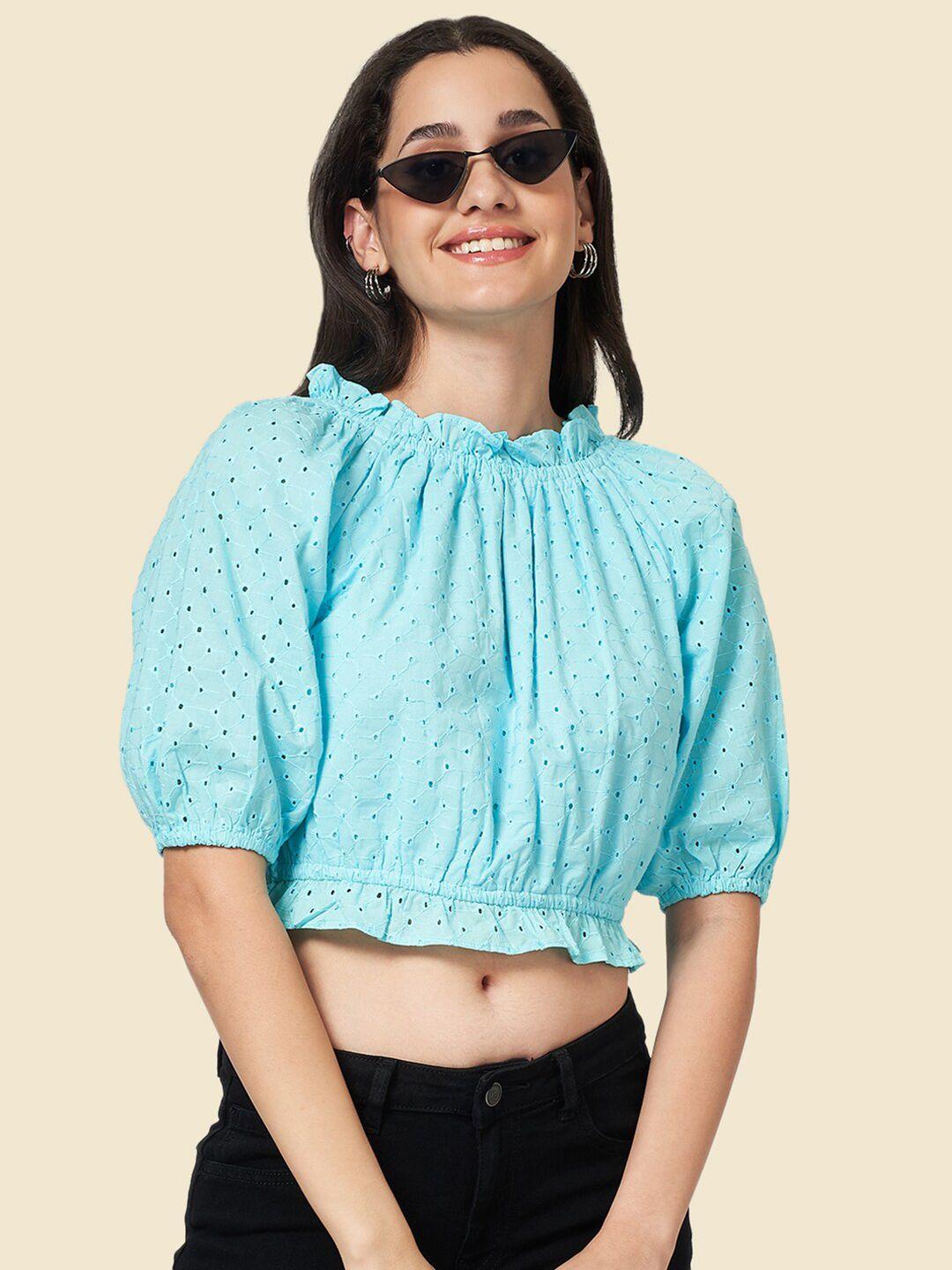 yu by pantaloons round neck puff sleeve schiffli cotton crop top