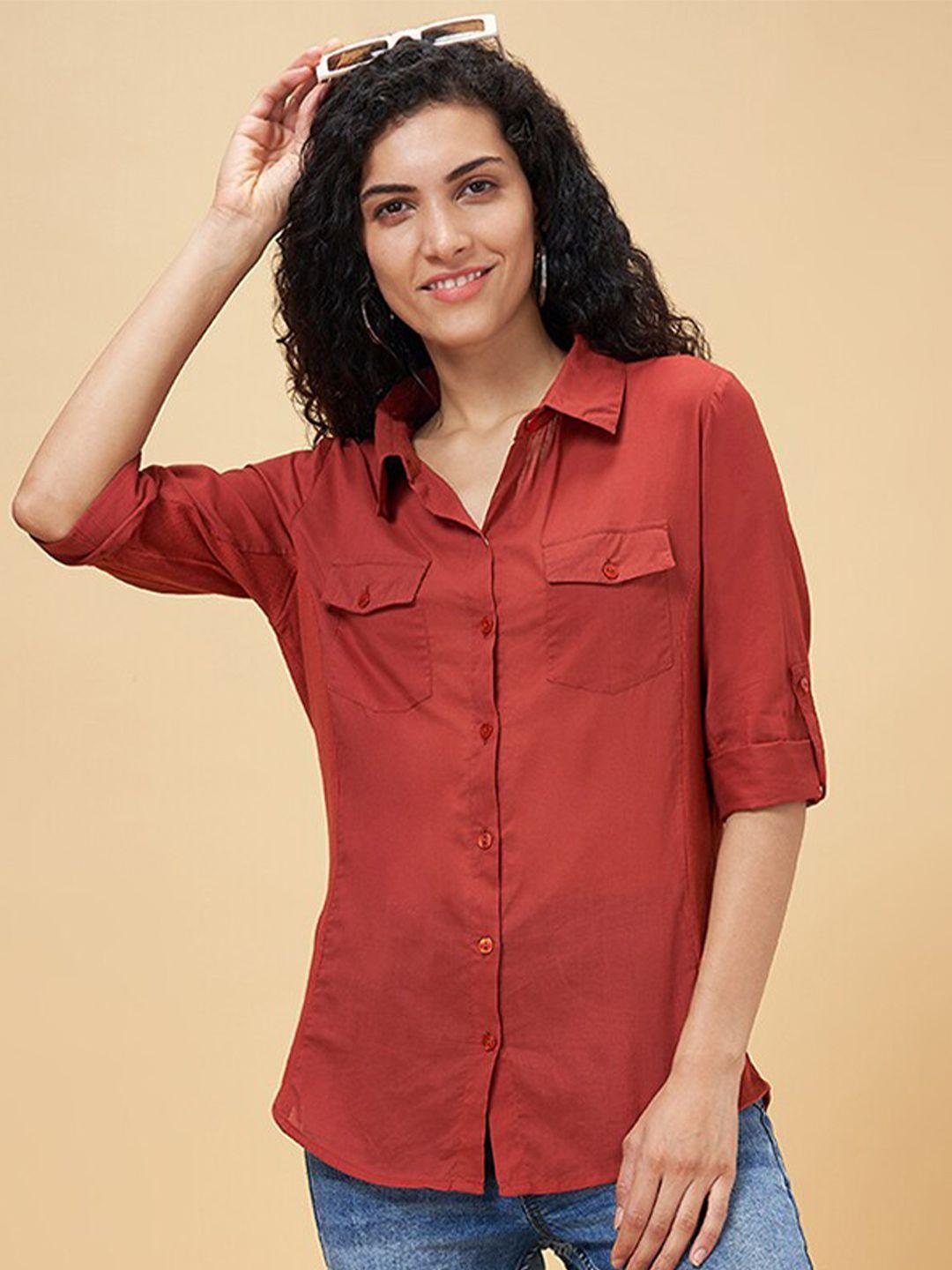 yu by pantaloons rust roll-up sleeves cotton shirt style top