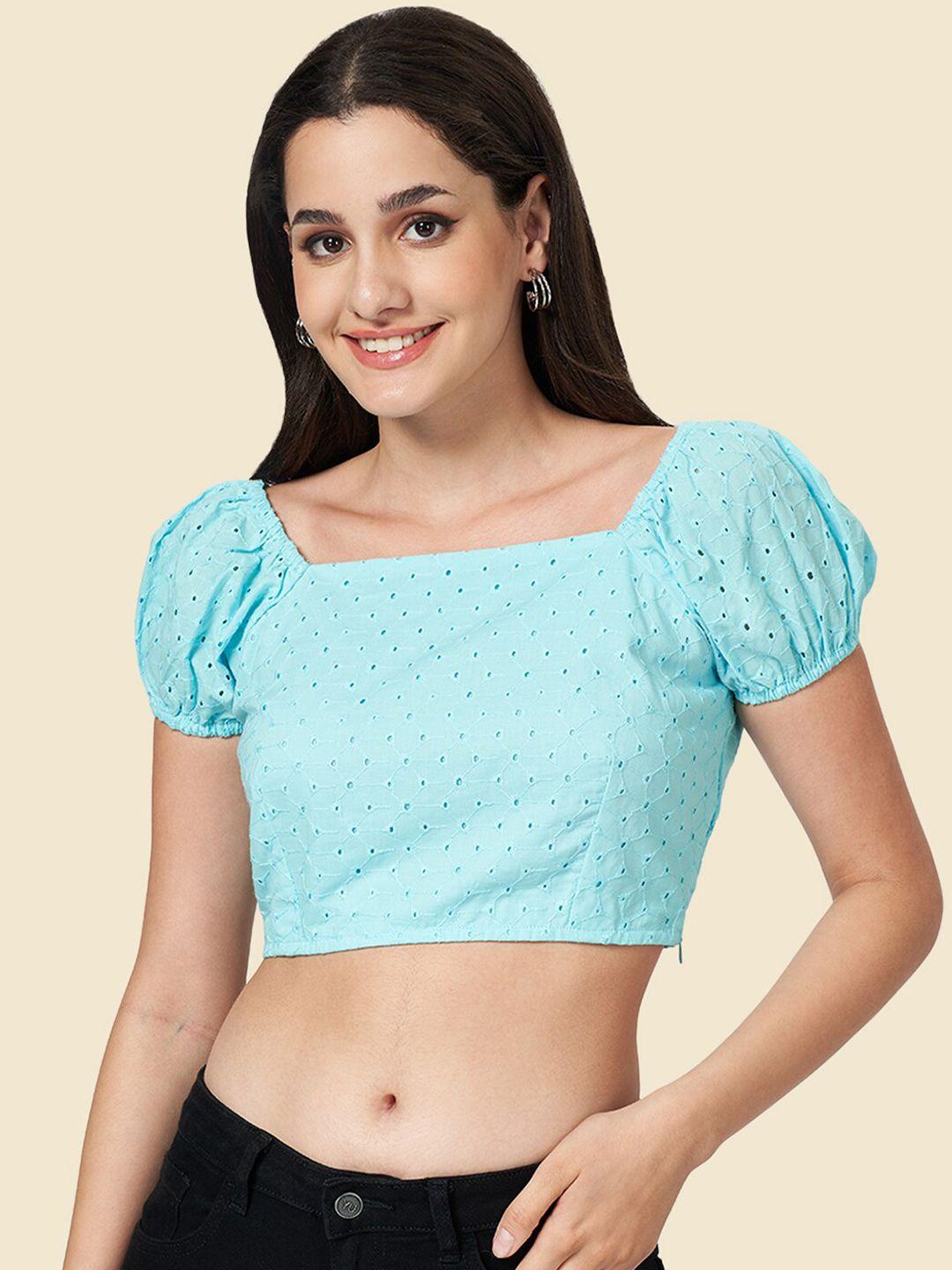 yu by pantaloons self design puff sleeves schiffli cotton crop top