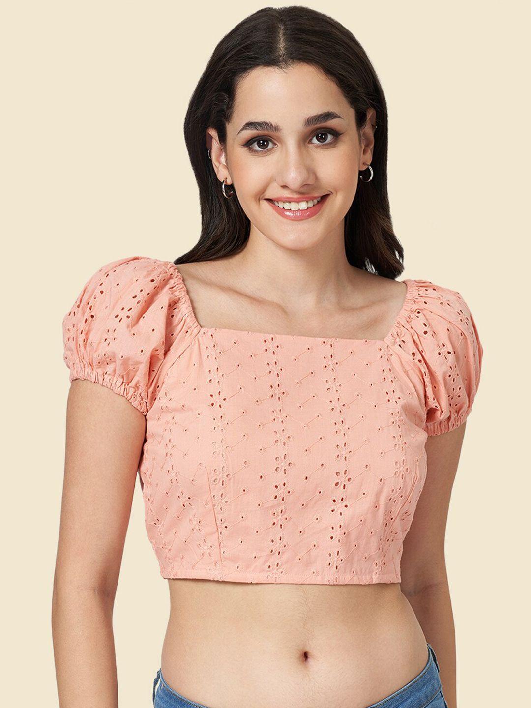yu by pantaloons square neck puff sleeve schiffli cotton crop top