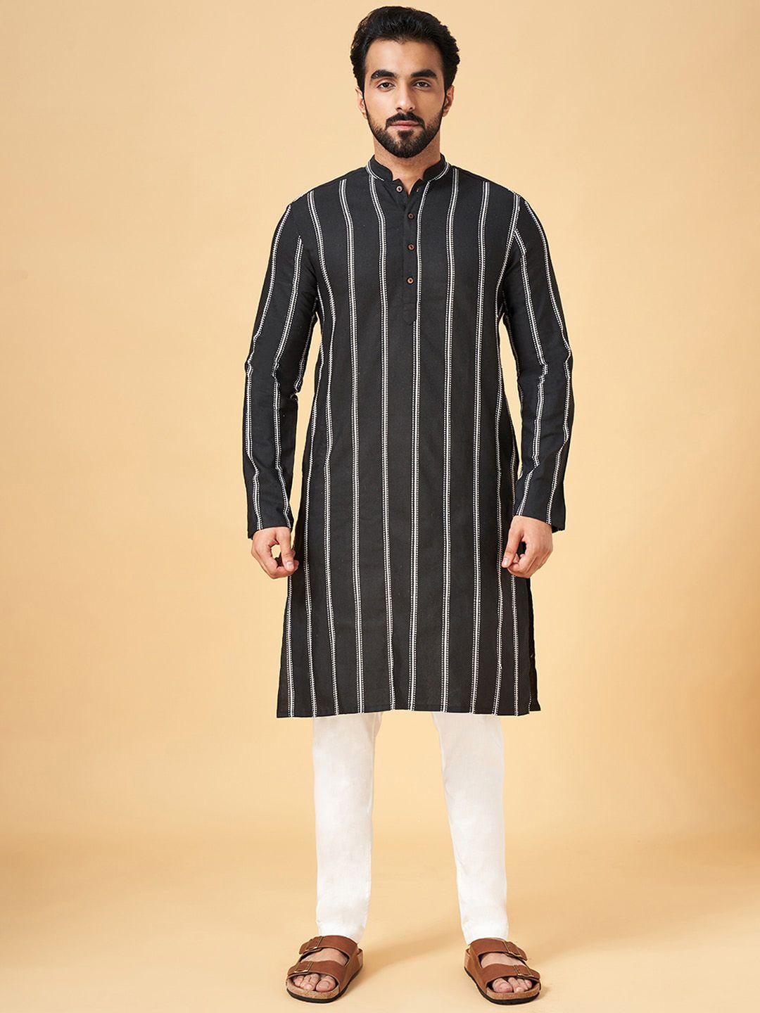 yu by pantaloons striped mandarin collar thread work straight kurta