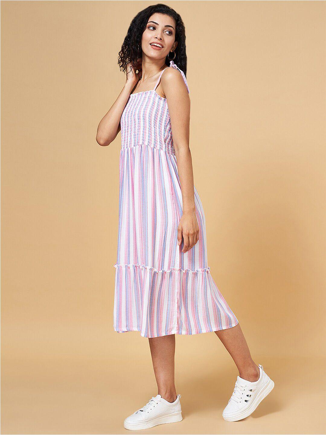 yu by pantaloons striped smocked detailed tiered a-line midi dress