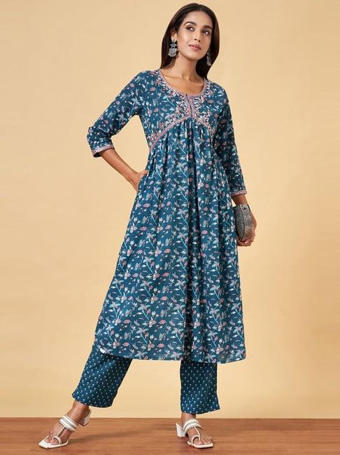 yu by pantaloons teal blue cotton embroidered kurta pant set