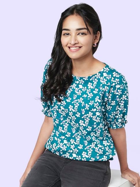 yu by pantaloons teal blue cotton printed top