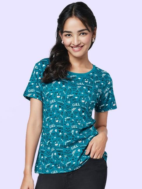 yu by pantaloons teal blue cotton printed top