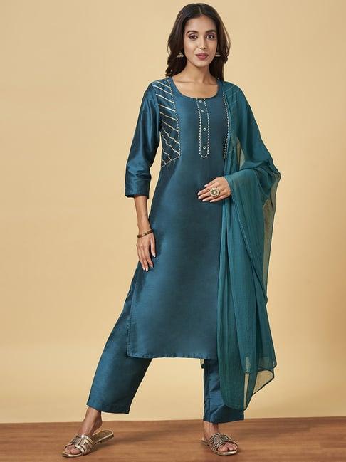 yu by pantaloons teal blue kurta pant set with dupatta