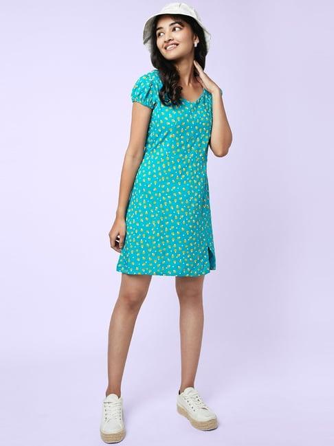 yu by pantaloons teal blue printed a-line dress