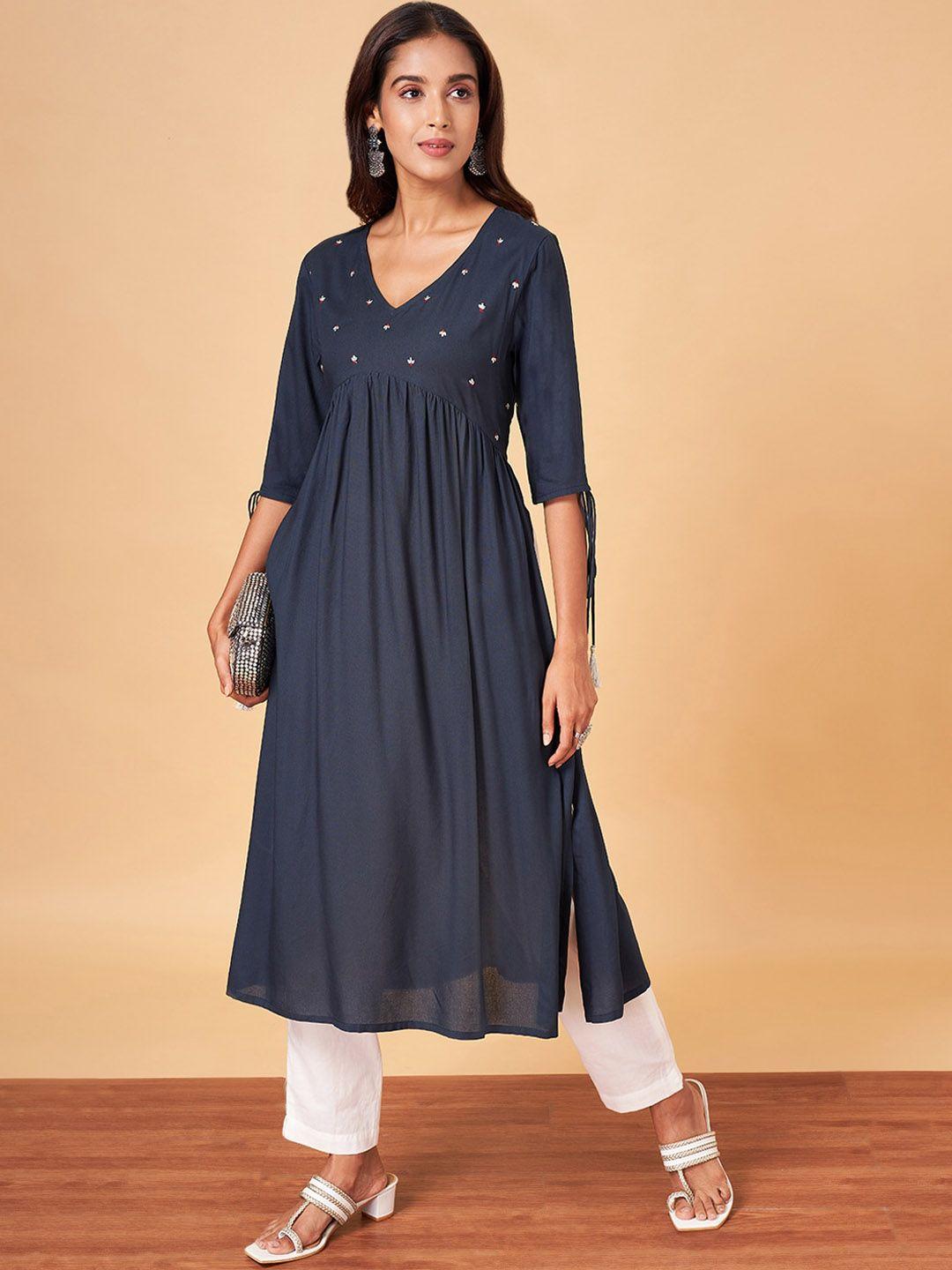 yu by pantaloons v-neck thread work detailed empire straight kurta