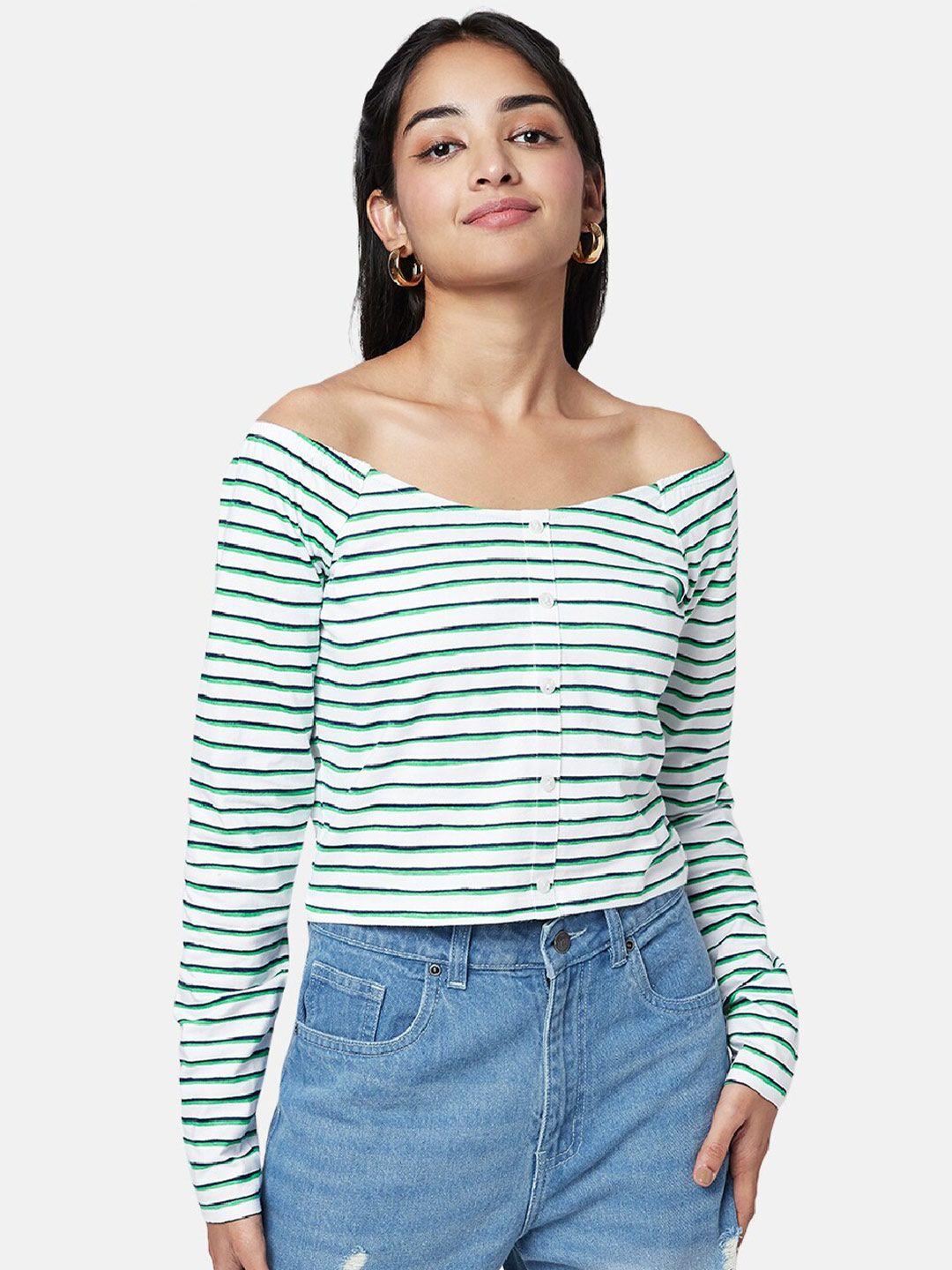 yu by pantaloons white & green striped off-shoulder top